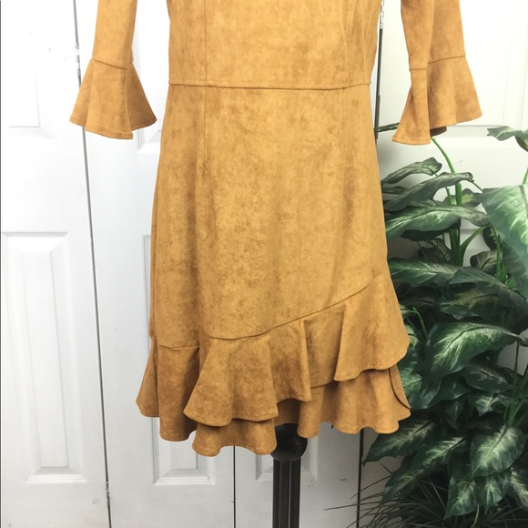 Aryeh SUEDE BELL SLEEVES RUFFLE DRESS  CAMEL COLOR - Picture 6 of 6